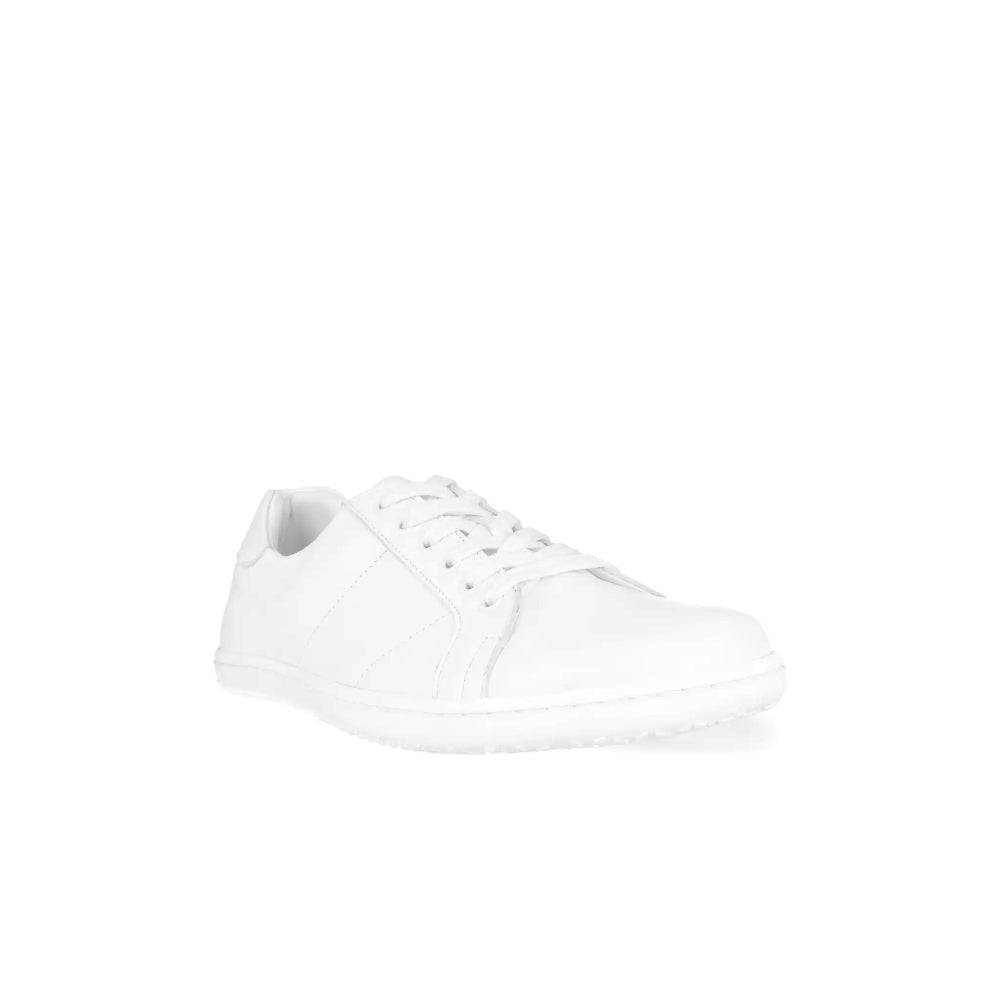 White Angles Fashion Linos leather sneakers. Sneakers are all white and made of Italian leather with rubber soles. Shoes are ankle height and have subtle sneaker stitching and detailing. Right shoe is shown here facing diagonally right against a white background. #color_white