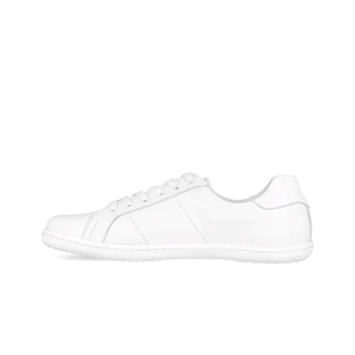White Angles Fashion Linos leather sneakers. Sneakers are all white and made of Italian leather with rubber soles. Shoes are ankle height and have subtle sneaker stitching and detailing. Right shoe is shown here facing left against a white background. #color_white