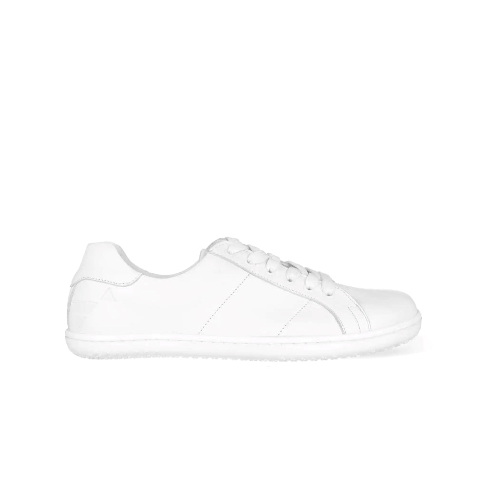 White Angles Fashion Linos leather sneakers. Sneakers are all white and made of Italian leather with rubber soles. Shoes are ankle height and have subtle sneaker stitching and detailing. Right shoe is shown here facing right against a white background. #color_white