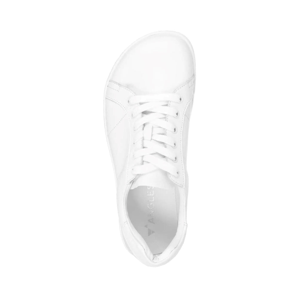 White Angles Fashion Linos leather sneakers. Sneakers are all white and made of Italian leather with rubber soles. Shoes are ankle height and have subtle sneaker stitching and detailing. Left shoe is shown here from above against a white background. #color_white