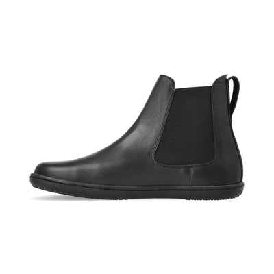 Black smooth leather Angles Nyx Chelsea boot. Boots are simple in design with a long pull tab attached to the heel. Right shoe is shown facing left against a white background. #color_black