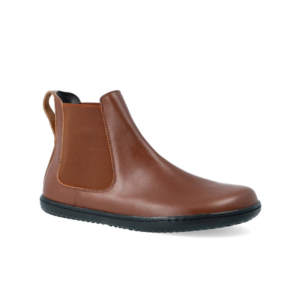 Brown smooth leather Angles Nyx Chelsea boot. Boots are simple in design with a long pull tab attached to the heel. Right shoe is shown facing diagonally right against a white background. #color_brown