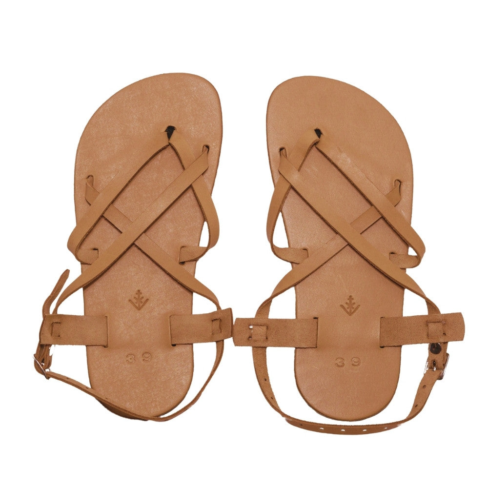 A tan leather strappy sandal with a silver buckle in the back. Both sandals are shown from above against a white background. #color_tan