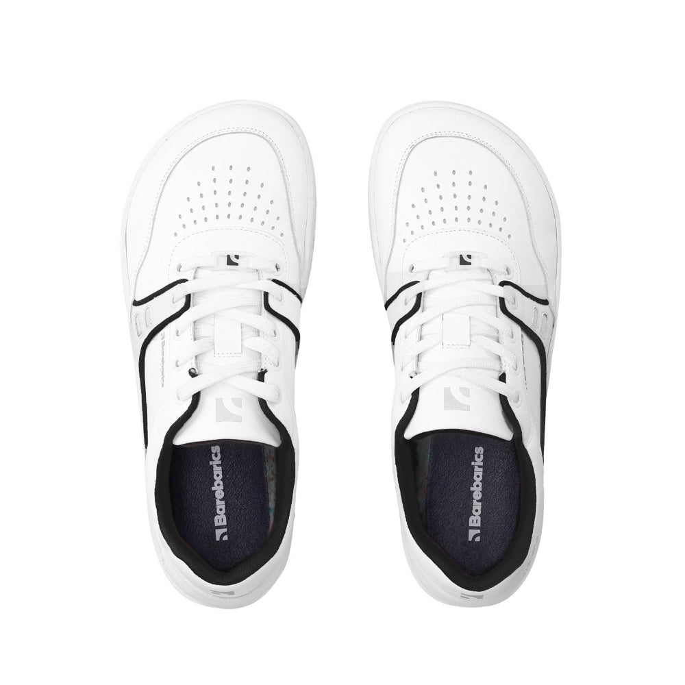 Photo 1 - A photo Barebarics Arise chunky leather sneaker in white with black and white soles and white laces. Shoes are perforated on the sides and toe box and have green detailing on the soles, both sides of the shoe, and the lining. Both shoes are shown from the top down against a white background. #color_white-black