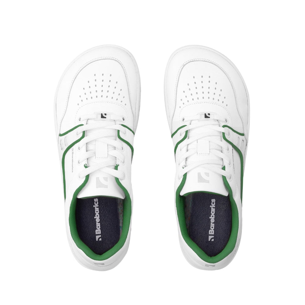 Photo 1 - A photo Barebarics Arise chunky leather sneaker in white with green and white soles and white laces. Shoes are perforated on the sides and toe box and have green detailing on the soles, both sides of the shoe, and the lining. Left shoe is shown facing right while the left shoe is propped on the foot opening against a white background. Photo 2 - Both shoes are shown from the top down against a white background. #color_white-green