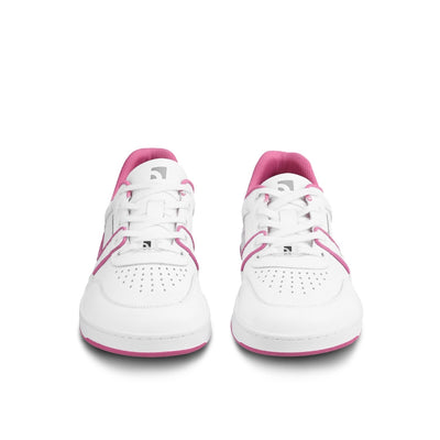 A photo Barebarics Arise chunky leather sneaker in white with pink and white soles and white laces. Shoes are perforated on the sides and toe box and have pink detailing on the soles, both sides of the shoe, and the lining. Both shoes are shown here from the front against a white background. #color_white-raspberry-pink