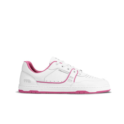 A photo Barebarics Arise chunky leather sneaker in white with pink and white soles and white laces. Shoes are perforated on the sides and toe box and have pink detailing on the soles, both sides of the shoe, and the lining. Right shoe is shown here facing right against a white background. #color_white-raspberry-pink