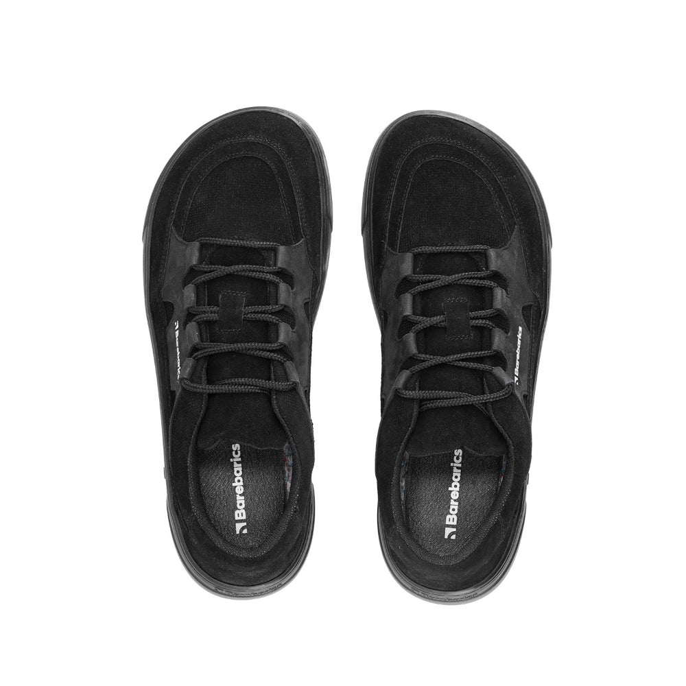 Photo 1 - A photo Barebarics Evo chunky leather sneaker in all black. Right shoe is shown from the right side against a white background. Photo 2 - Both shoes are shown from the top down against a white background. #color_all-black