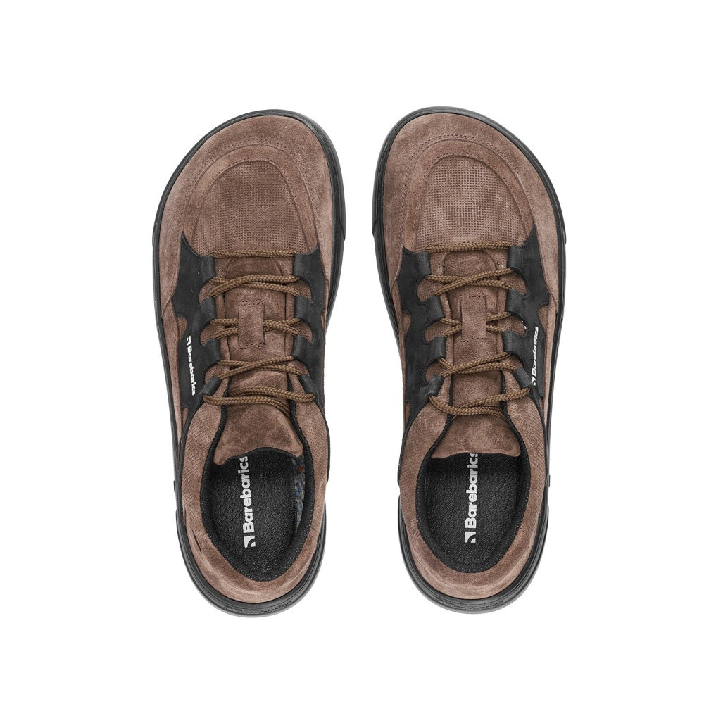 Photo 1 - A photo Barebarics Evo chunky leather sneaker in dark brown with black color blocks. Right shoe is shown from the right side against a white background. Photo 2 - Both shoes are shown from the top down against a white background. #color_dark-brown-black