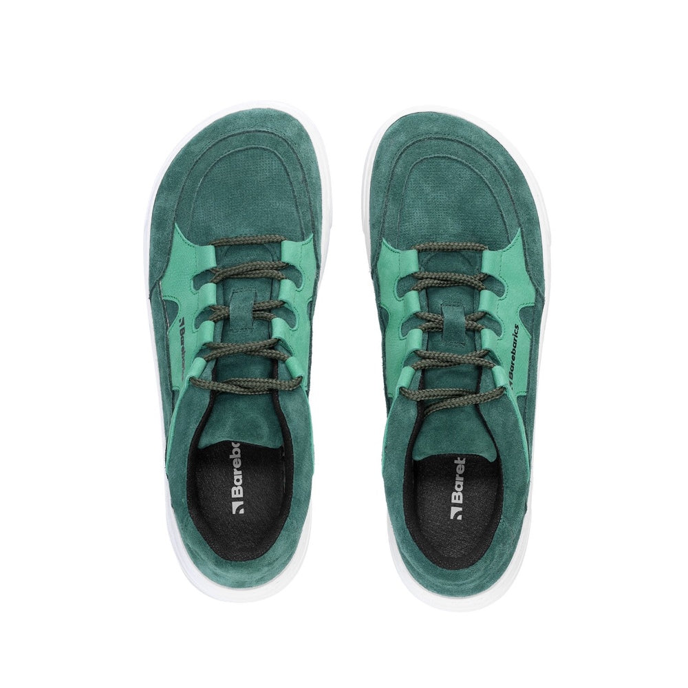 Photo 1 - A photo Barebarics Evo chunky leather sneaker in dark green with teal color blocks. Right shoe is shown from the right side against a white background. Photo 2 - Both shoes are shown from the top down against a white background. #color_dark-green-white