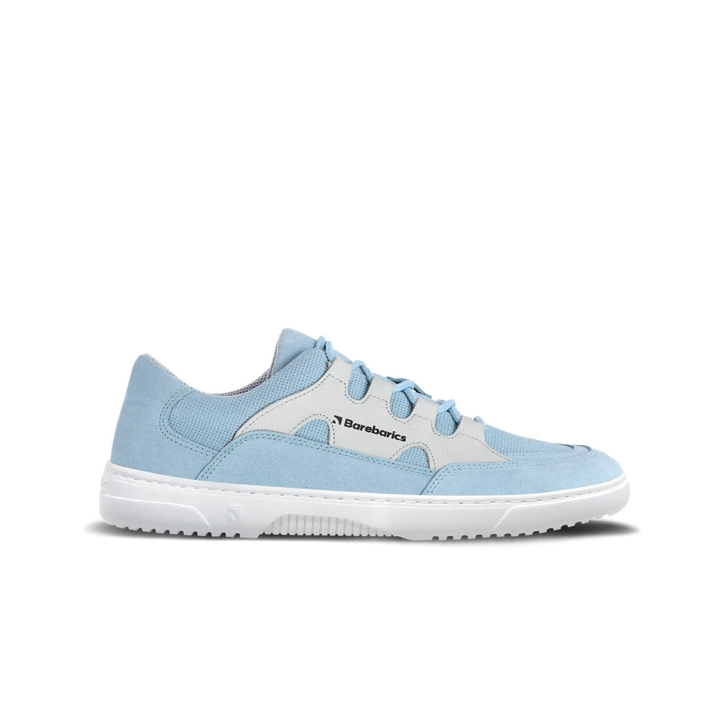 Photo 1 - A photo Barebarics Evo chunky leather sneaker in light blue with off white color blocks. Right shoe is shown from the right side against a white background. Photo 2 - Both shoes are shown from the top down against a white background. #color_light-blue-white