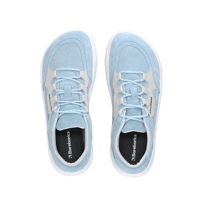 Photo 1 - A photo Barebarics Evo chunky leather sneaker in light blue with off white color blocks. Right shoe is shown from the right side against a white background. Photo 2 - Both shoes are shown from the top down against a white background. #color_light-blue-white