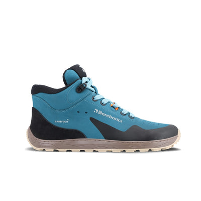 Petrol Blue Barebarics Trekker boot. Shoe is made of blue leather with a black PU toe and heel guard on top. Quick lace hooks are present at the top of the laces. Rubber soles are brown and tan. Right shoe is facing right against a white background. #color_petrol-blue