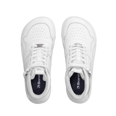 Photo 1 - A photo of white Barebarics Zing Hi-Top leather sneakers. The sneakers white with perforated spots on the top of the toe box, have barebarics branding on the tongue and side, and a velcro strap at the ankle. Both sneakers are shown diagonally from the front right against a white background. Photo 2 - Both shoes are shown from above against a white background. #color_all-white