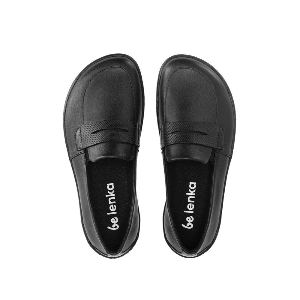 Photo 1 - A photo of All Black Be Lenka Buena penny loafer. Both loafers are shown facing right against a white background. Photo 2 - Both shoes are shown from above against a white background. #color_all-black