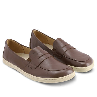 A photo of Dark Brown & Beige Be Lenka Buena penny loafer. Both loafers are shown facing diagonally to the right against a white background. #color_dark-brown-beige