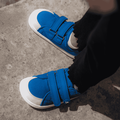Blue canvas Be Lenka Canvi sneakers with  two velcro straps, white faux suede toe caps, white and teal rubber soles, and a pull tab at the heel. Both shoes are shown from above on a little girl facing left standing on cement. #color_blue
