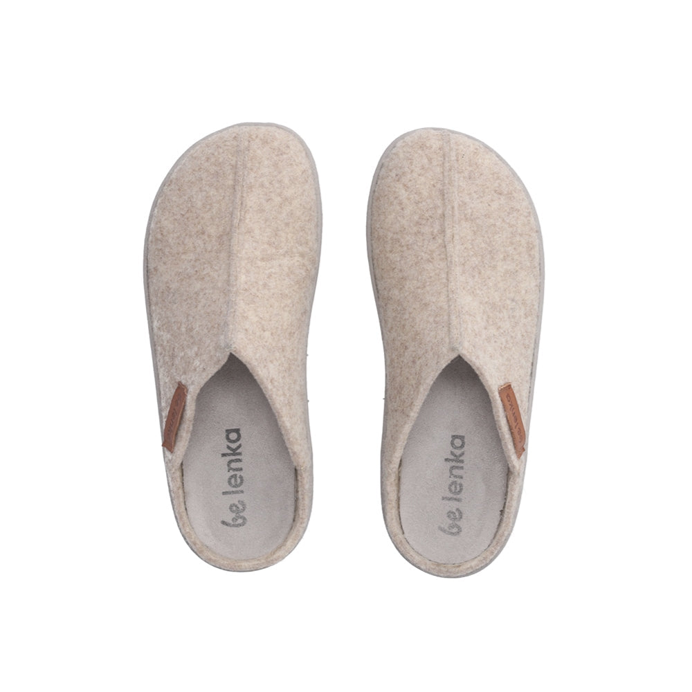 Photo 1 - A photo of Belenka Chillax felt backless slippers in beige with grey soles. Right slipper is shown from the right side against a white background. Photo 2 - Both slippers are shown from the top down against a white background. #color_beige