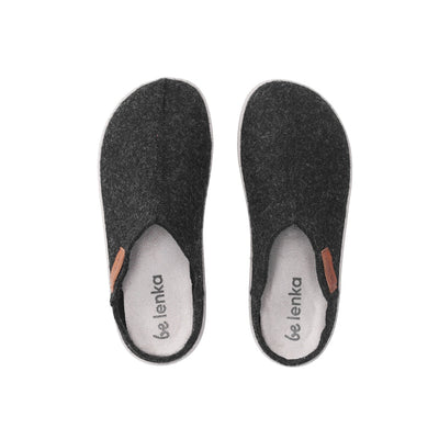 Photo 1 - A photo of Belenka Chillax felt backless slippers in black with grey soles. Right slipper is shown from the right side against a white background. Photo 2 - Both slippers are shown from the top down against a white background. #color_black