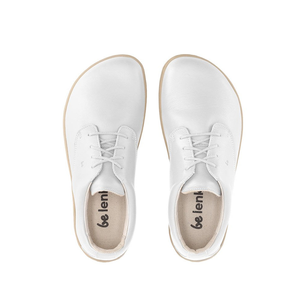 Photo 1 - A photo of white Be Lenka Cityscape Simple Leather Lace Up shoes with beige soles. Right shoe is shown from the right side against a white background. Photo 2 - Both shoes are shown from the top down against a white background. #color_white