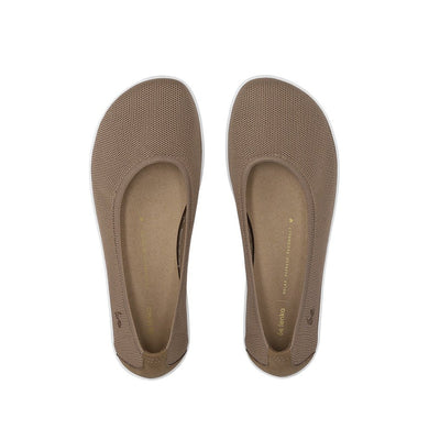 Photo 1 - A photo of light brown Be Lenka Delight knitted flats. Right shoe is shown facing right against a white background. Photo 2 - Both flats are shown from above against a white background. #color_biscuit-brown