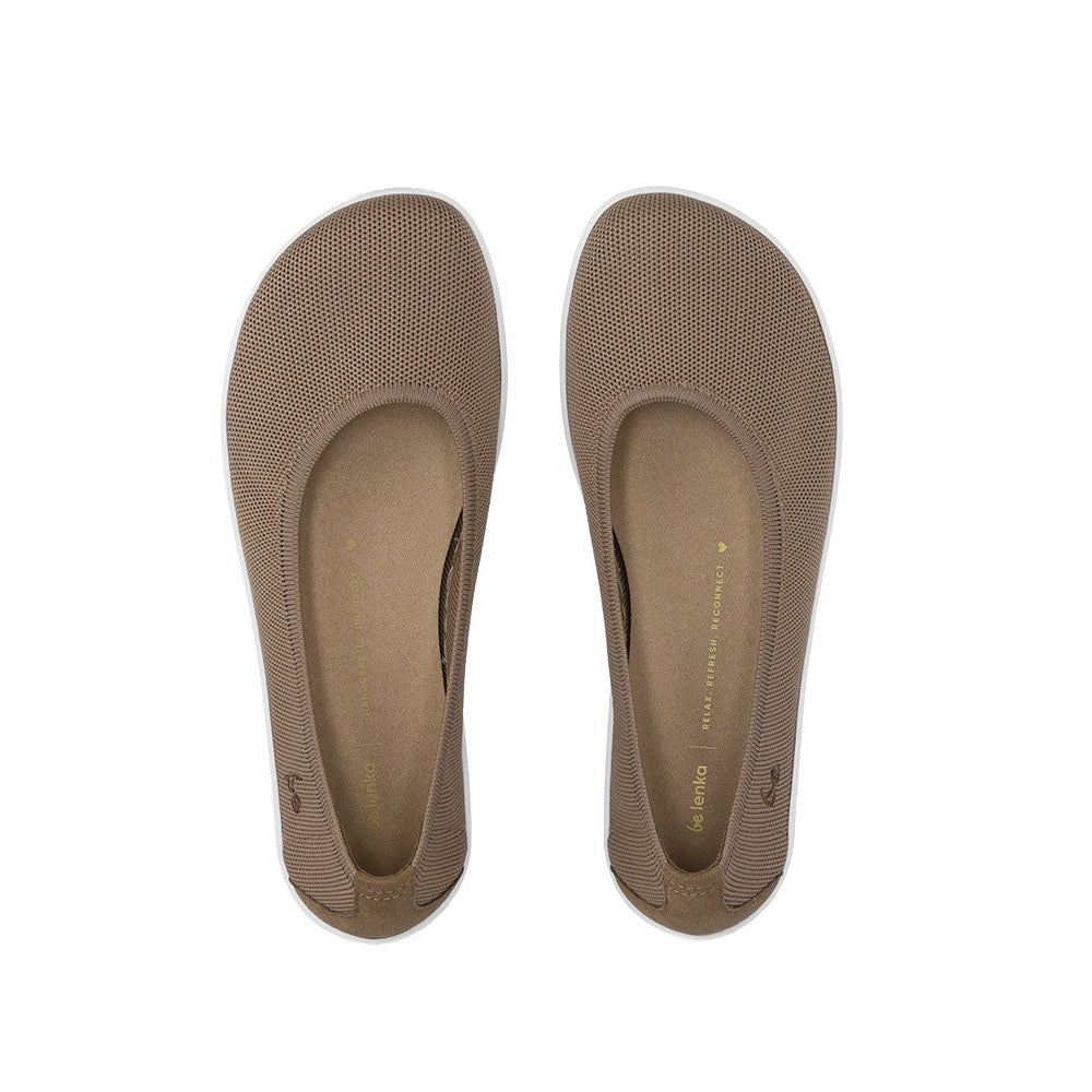 Photo 1 - A photo of light brown Be Lenka Delight knitted flats. Right shoe is shown facing right against a white background. Photo 2 - Both flats are shown from above against a white background. #color_biscuit-brown