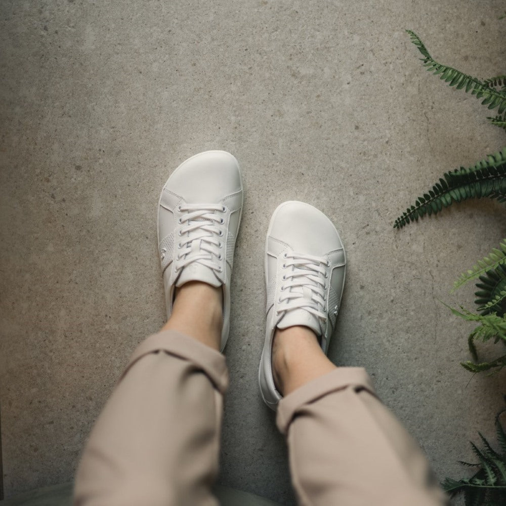 Photo 1 - A photo of white Be Lenka Elite leather sneakers. Shoes have perforated blocks on both sides of the shoe with a Be Lenka logo in the center. Both sneakers are shown facing right here against a white background. Photo 2 - Both shoes are shown from above on a person wearing tan trousers rolled up standing on a cement floor with ferns on the right. #color_all-white