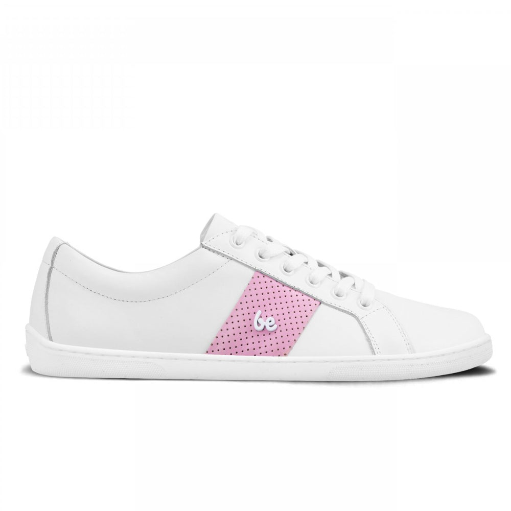 Photo 1 - A photo of white & pink Be Lenka Elite leather sneakers. Shoes have pink perforated leather blocks on both sides of the shoe with a Be Lenka logo in the center. Right sneaker is shown facing right against a white background. Photo 2 - Both shoes are shown from above against a white background. #color_white-pink
