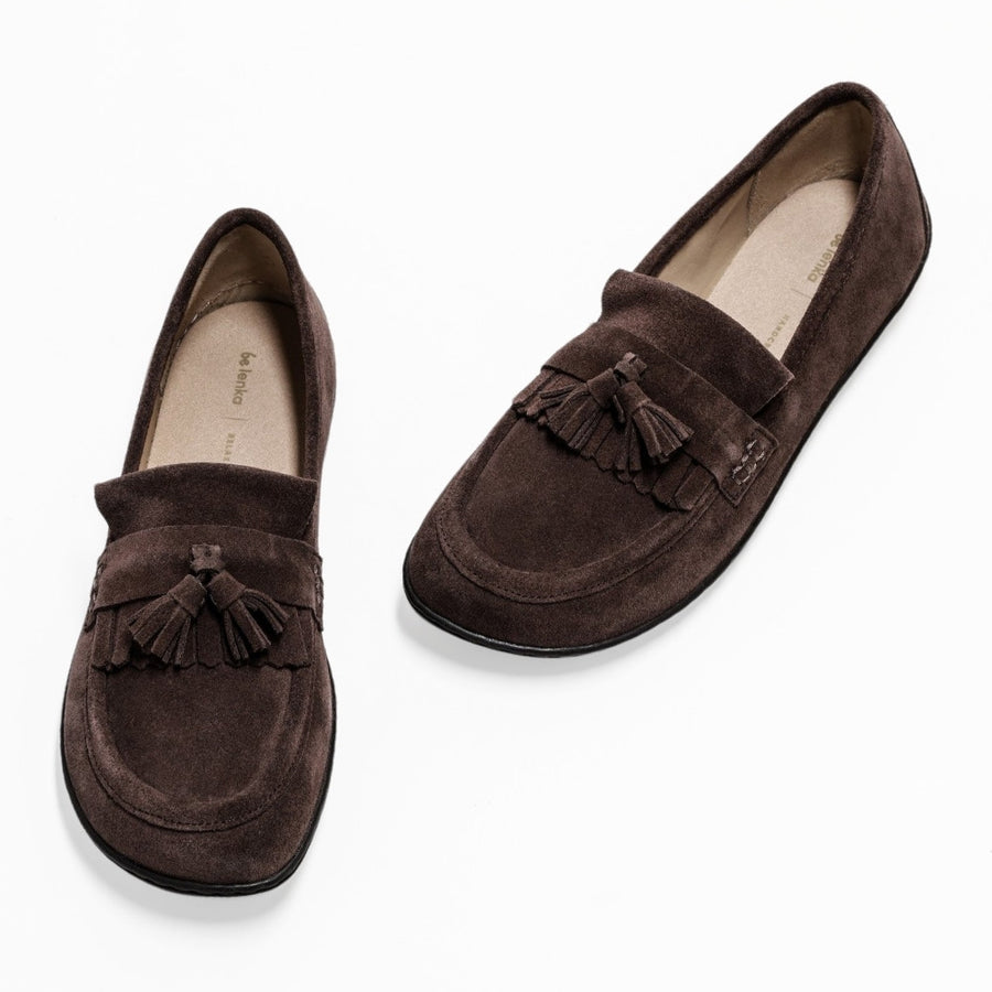 Overhead view of Be Lenka Fiorella dark brown suede tassel loafers placed side by side #color_chocolate-brown