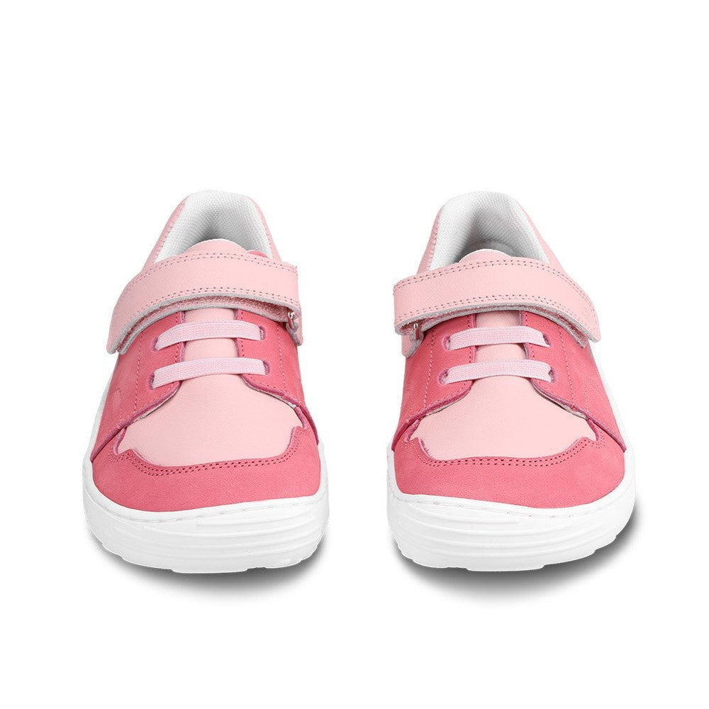 A photo of Pink Be Lenka Gelato kids leather sneakers with white rubber soles. Shoes are dark pink with light pink accent color blocks on the tongue, toe box, single top velcro closure, two elastic laces below that, and a "dripping" ice cream color block on the heel. Both shoes are shown from the front against a white background. #color_pink