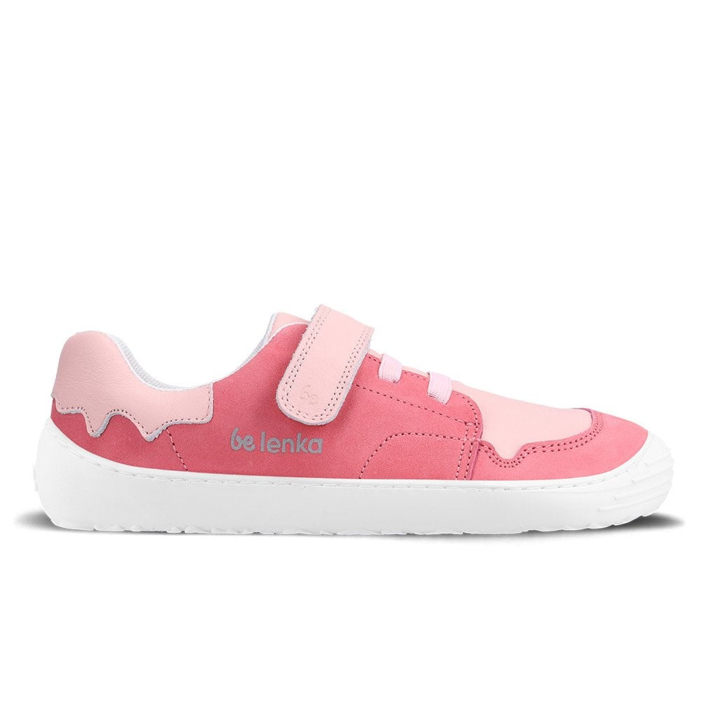 A photo of Pink Be Lenka Gelato kids leather sneakers with white rubber soles. Shoes are dark pink with light pink accent color blocks on the tongue, toe box, single top velcro closure, two elastic laces below that, and a "dripping" ice cream color block on the heel. Right shoe is facing right against a white background. #color_pink