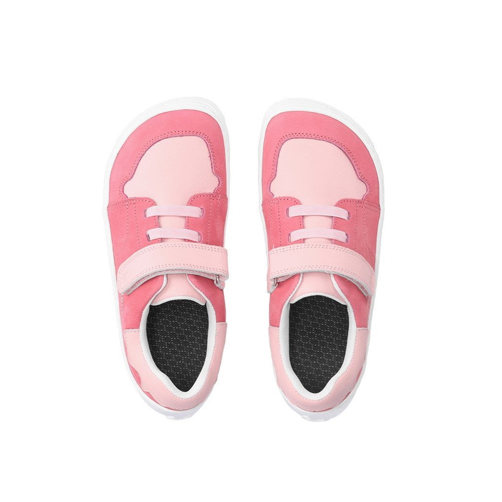 A photo of Pink Be Lenka Gelato kids leather sneakers with white rubber soles. Shoes are dark pink with light pink accent color blocks on the tongue, toe box, single top velcro closure, two elastic laces below that, and a "dripping" ice cream color block on the heel. Both shoes are shown from above against a white background. #color_pink