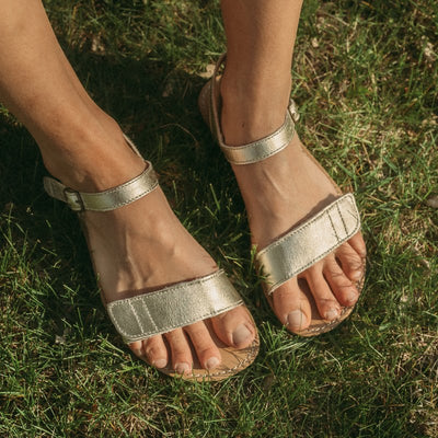 A photo of Gold Be Lenka Grace Sandals made with leather and tan rubber soles. The sandals have shiny gold straps and a single front foot strap with straps that go around the ankle and heel and have a small buckle. Sandals are shown from the top down on a womans foot sitting in the grass. #color_gold
