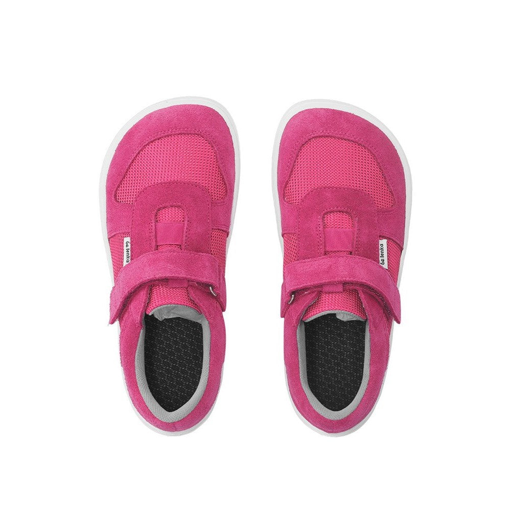 Photo 1 - A photo of Be Lenka Joy kids play shoes in dark pink and white. They are made of mesh and suede in a classic sneaker design. A velcro strap at the top of the tongue and elastic band just below are in place of laces. Both shoes are shown diagonally from the front right against a white background. Photo 2 - Both shoes are shown from the top down against a white background. #color_dark-pink-white