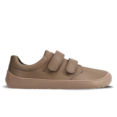 Photo 1 - A photo of Be Lenka Bounce kids play sneaker in all brown smooth leather with tan soles. Shoes are simple in design with two velcro closures. Right shoe is shown from the right side against a white background. Photo 2 - Both shoes are shown from the top down against a white background. #color_all-brown