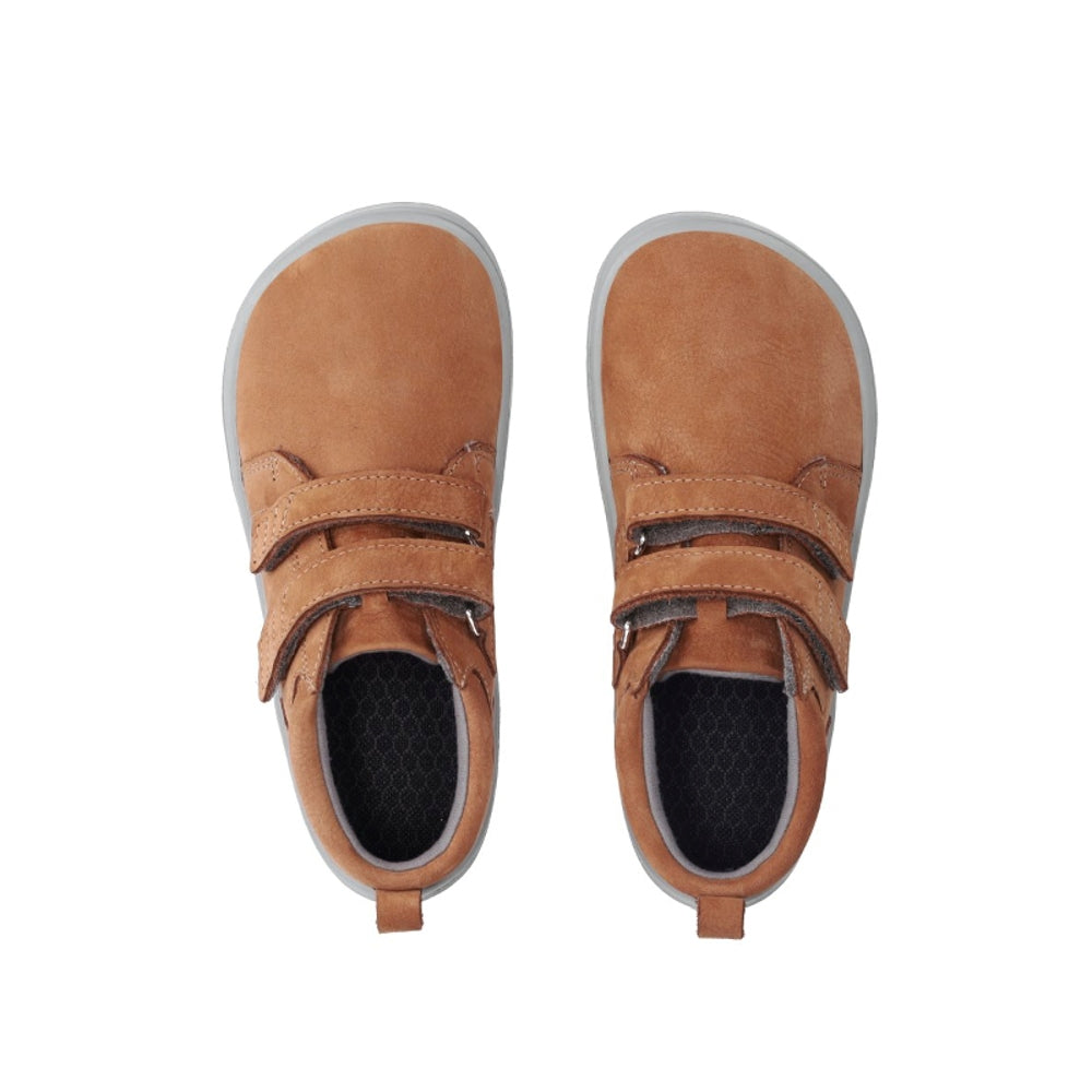 Photo 1 - A photo of Be Lenka Play kids ankle sneaker in cognac with grey soles. Shoes are a simple leather design with two velcro closures. Right shoe is shown from the right side against a white background. Photo 2 - Both shoes are shown from the top down against a white background. #color_cognac
