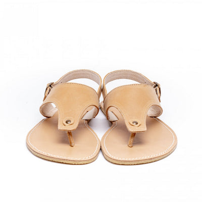 A photo of Sand Be Lenka Promenade Sandals made with leather and tan rubber soles. The sandals have tan thong straps and a heel strap with a buckle. Both sandals are shown from the front against a white background in this photo. #color_sand