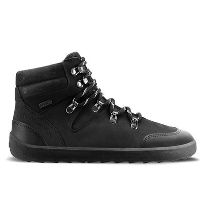 Photo 1 - A photo of Be Lenka Ranger boots made with oiled nubuck leather, fleece, and rubber soles. The boots are a hiking boot style and are black in color with black trim and a fleece lining. Right boot is shown from the right side against a white background. Photo 2 - Both shoes are shown from the top down against a white background. #color_all-black