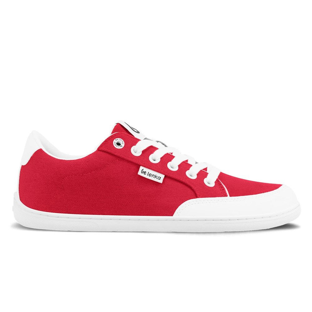Red Be Lenka Rebound sneakers with white laces, microfiber toe guards, heel accents, and rubber soles. Right shoe is facing right against a white background. #color_red-white