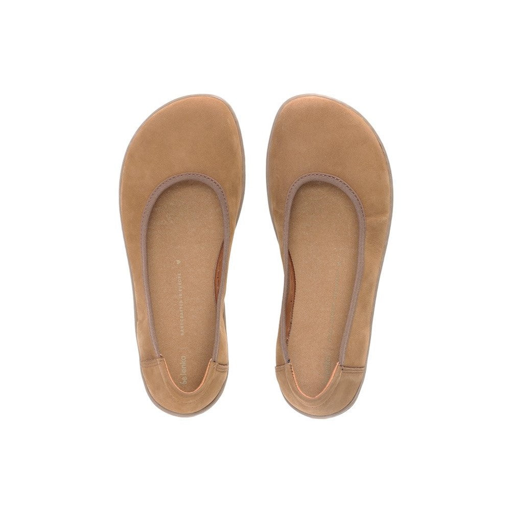 A photo of the Be Lenka Sophie flats made from a leather upper and a microfiber interior. The flats are toffee brown in color with tan rubber soles and are a simple ballerina flat design. Both shoes are shown together from above on a white background. #color_toffee-brown