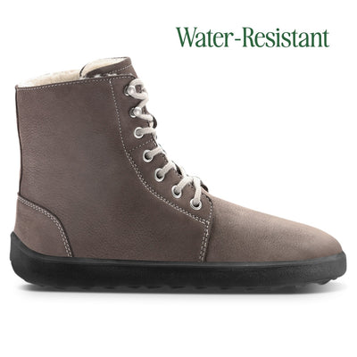 Light chocolate brown nubuck leather Be Lenka Winter 3.0 lace up, wool lined boots with cream laces and black rubber soles. Right boot is shown facing right against a white background. #color_chocolate-brown-nubuck