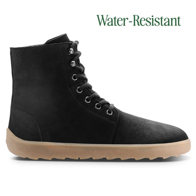 Black nubuck leather Be Lenka Winter 3.0 lace up, wool lined boots with black laces and tan rubber soles. Right boot is shown facing to the right side against a white background. #color_matte-black-nubuck
