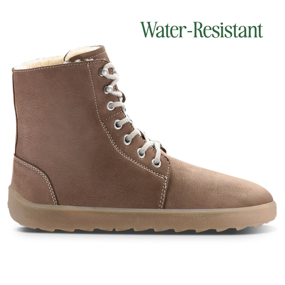 Walnut brown nubuck leather Be Lenka Winter 3.0 lace up, wool lined boots with tan rubber soles. Right boot is shown facing to the right side against a white background. #color_walnut-brown-nubuck
