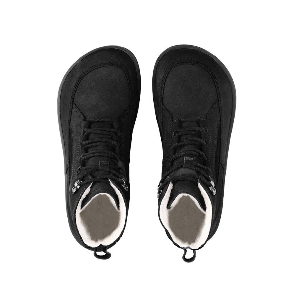 Photo 1 - A photo of Be Lenka York ankle lace up boots in all black made from nubuck leather. The right boot is shown from the right side against a white background. Photo 2 - Both shoes are shown from the top down against a white background. #color_all-black