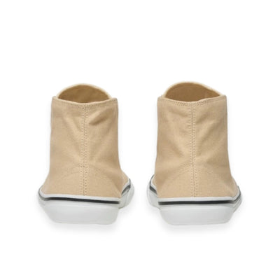 Tan Bohempia Orik canvas high tops. Sneakers have a white rubber toe cap with a black outline around the upper white rubber soles. Both sneakers are shown from behind against a white background. #color_tan-white