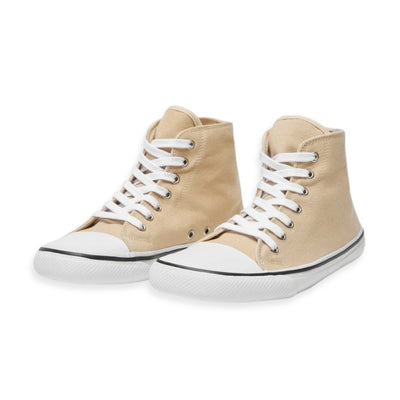 Tan Bohempia Orik canvas high tops. Sneakers have a white rubber toe cap with a black outline around the upper white rubber soles. Both sneakers are shown facing diagonally left against a white background. #color_tan-white