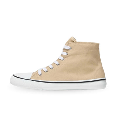 Tan Bohempia Orik canvas high tops. Sneakers have a white rubber toe cap with a black outline around the upper white rubber soles. Left shoe is shown facing left against a white background. #color_tan-white