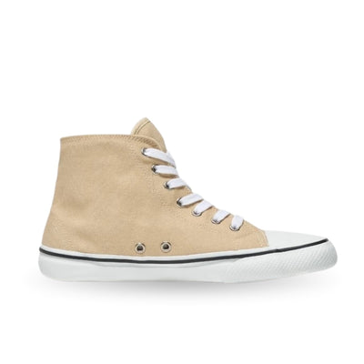 Tan Bohempia Orik canvas high tops. Sneakers have a white rubber toe cap with a black outline around the upper white rubber soles. Left shoe is shown facing right against a white background. #color_tan-white