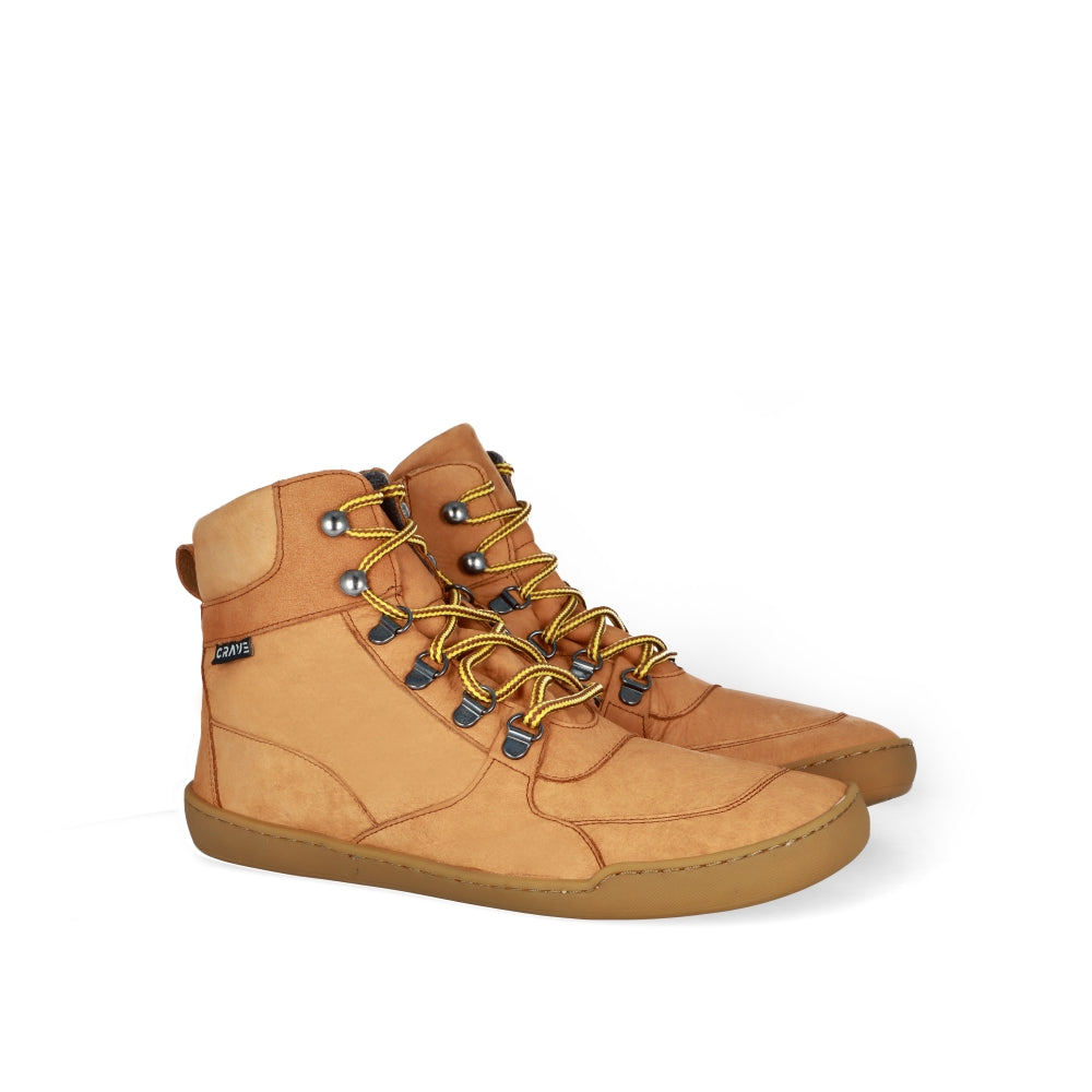 Cognac Crave Glasgow leather boots. Boots are a work-type boot with durable round yellow laces and two quick lace loops at the ankles. Both shoes are shown facing diagonally right against a white background. #color_cognac