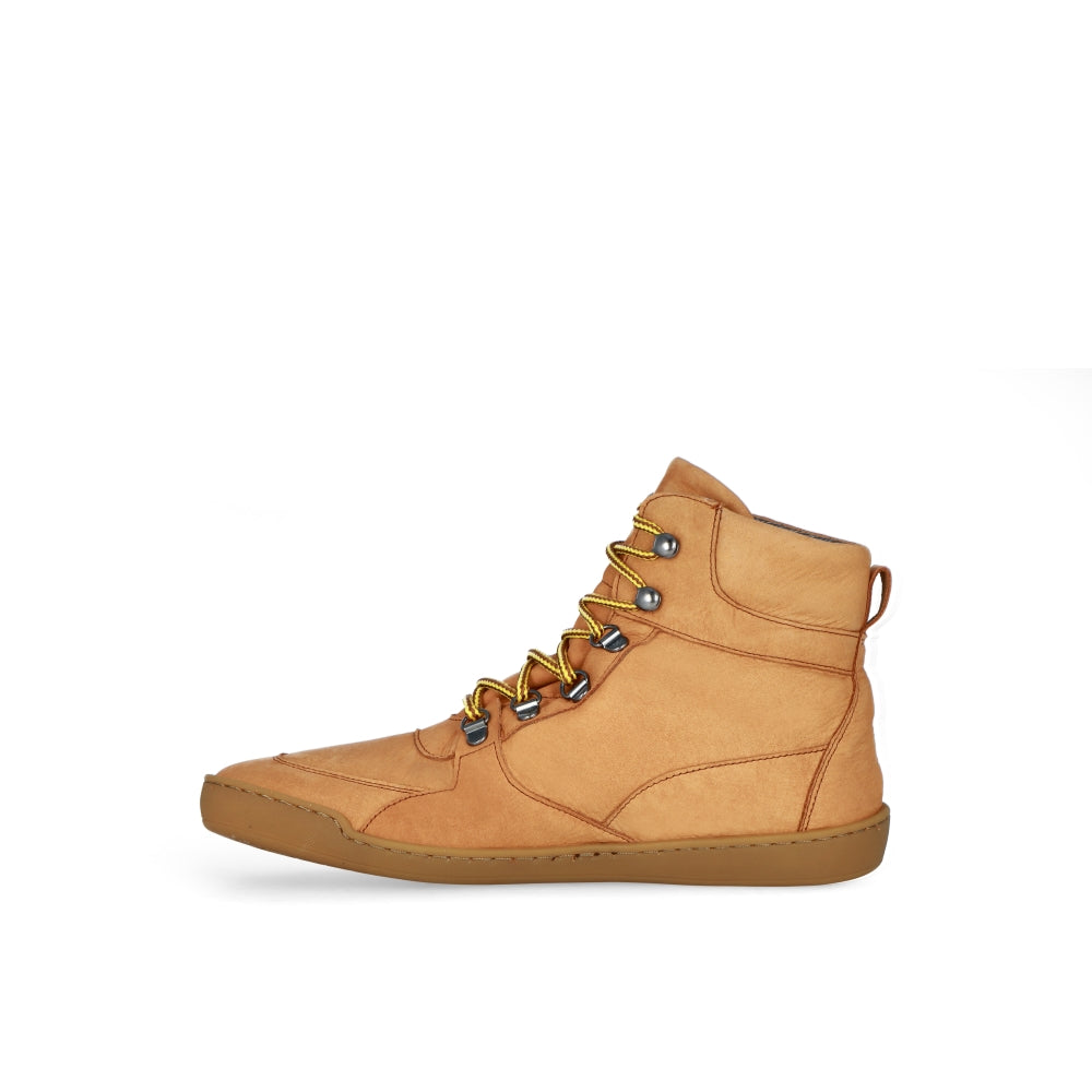 Cognac Crave Glasgow leather boots. Boots are a work-type boot with durable round yellow laces and two quick lace loops at the ankles. Right shoe is shown facing left against a white background. #color_cognac